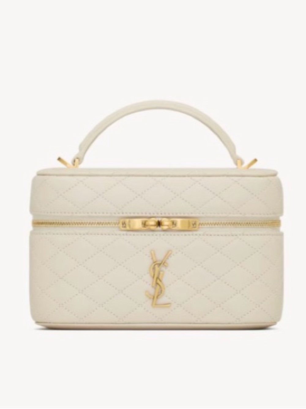 Saint Laurent Cream Quilted Leather Vanity Case with Gold Hardware
